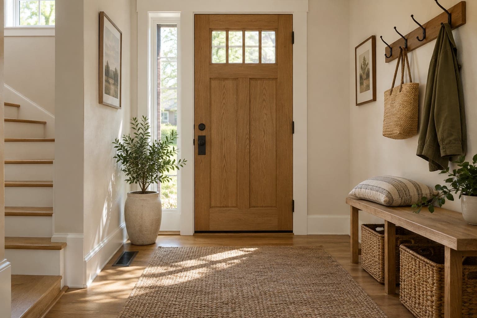 Updated entryway with an oak door, painted walls and storage bench