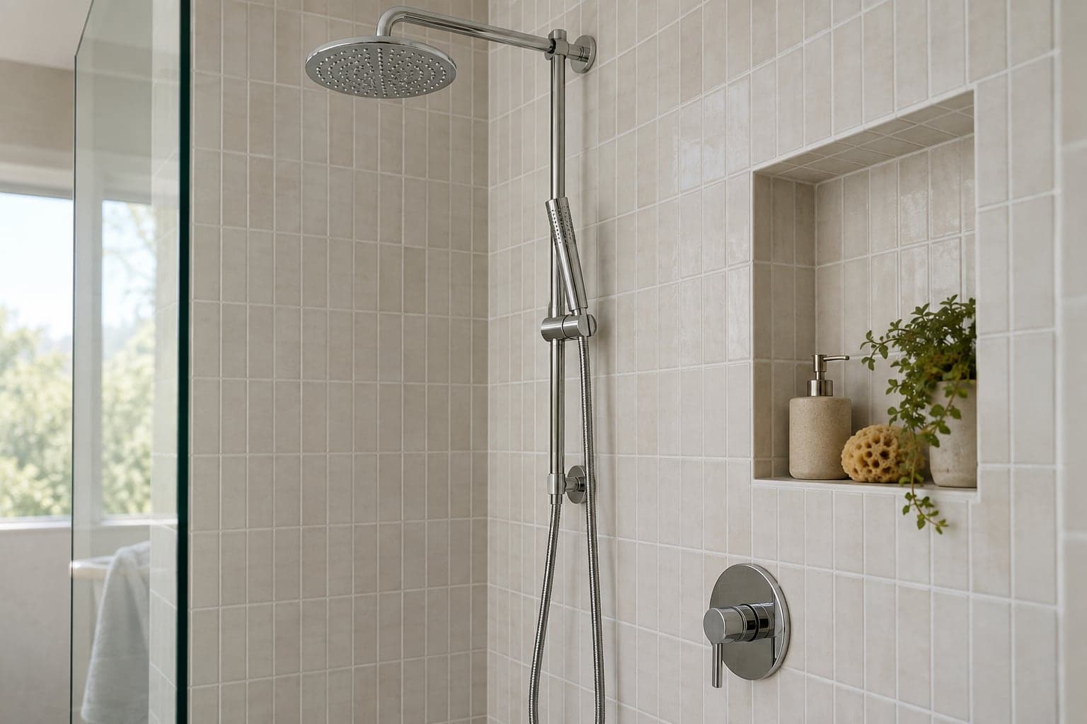 Tiled shower with a recessed niche and chrome fittings