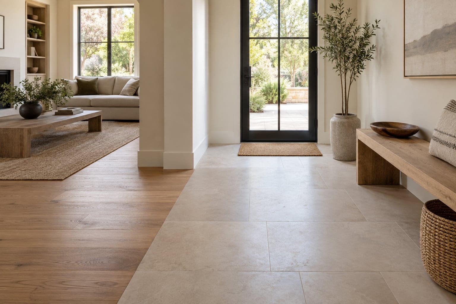 Oak flooring meeting a tiled entrance beside a wood bench