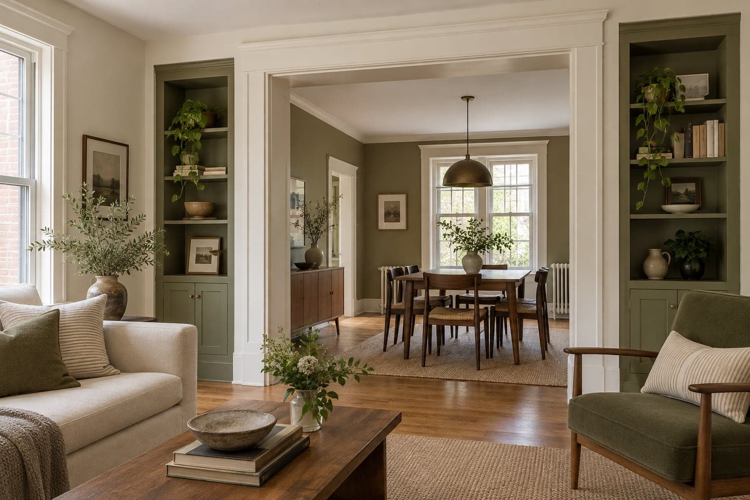 Connected living and dining rooms with oak flooring and built-in shelves