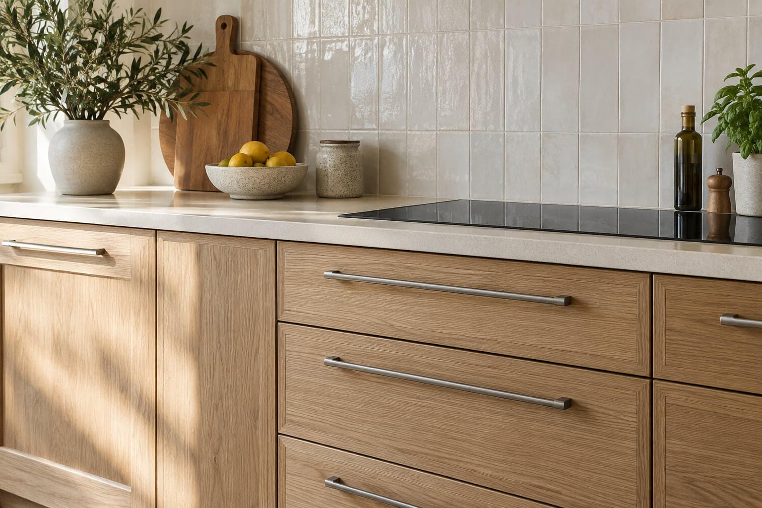 Oak kitchen drawers, pale countertop and tiled backsplash