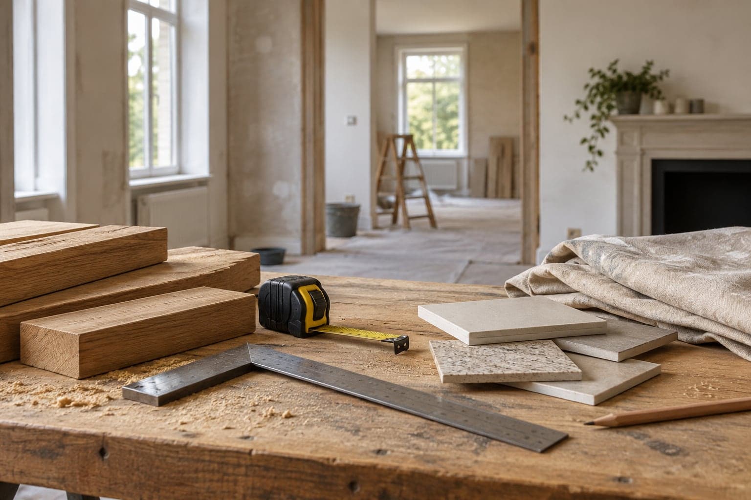 Renovation workbench with timber, tile samples and measuring tools