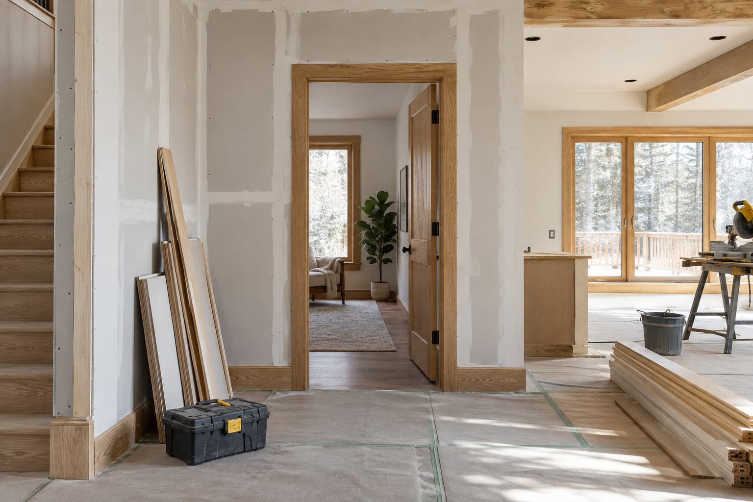 Tidy renovation site with drywall, protected floors and stacked materials