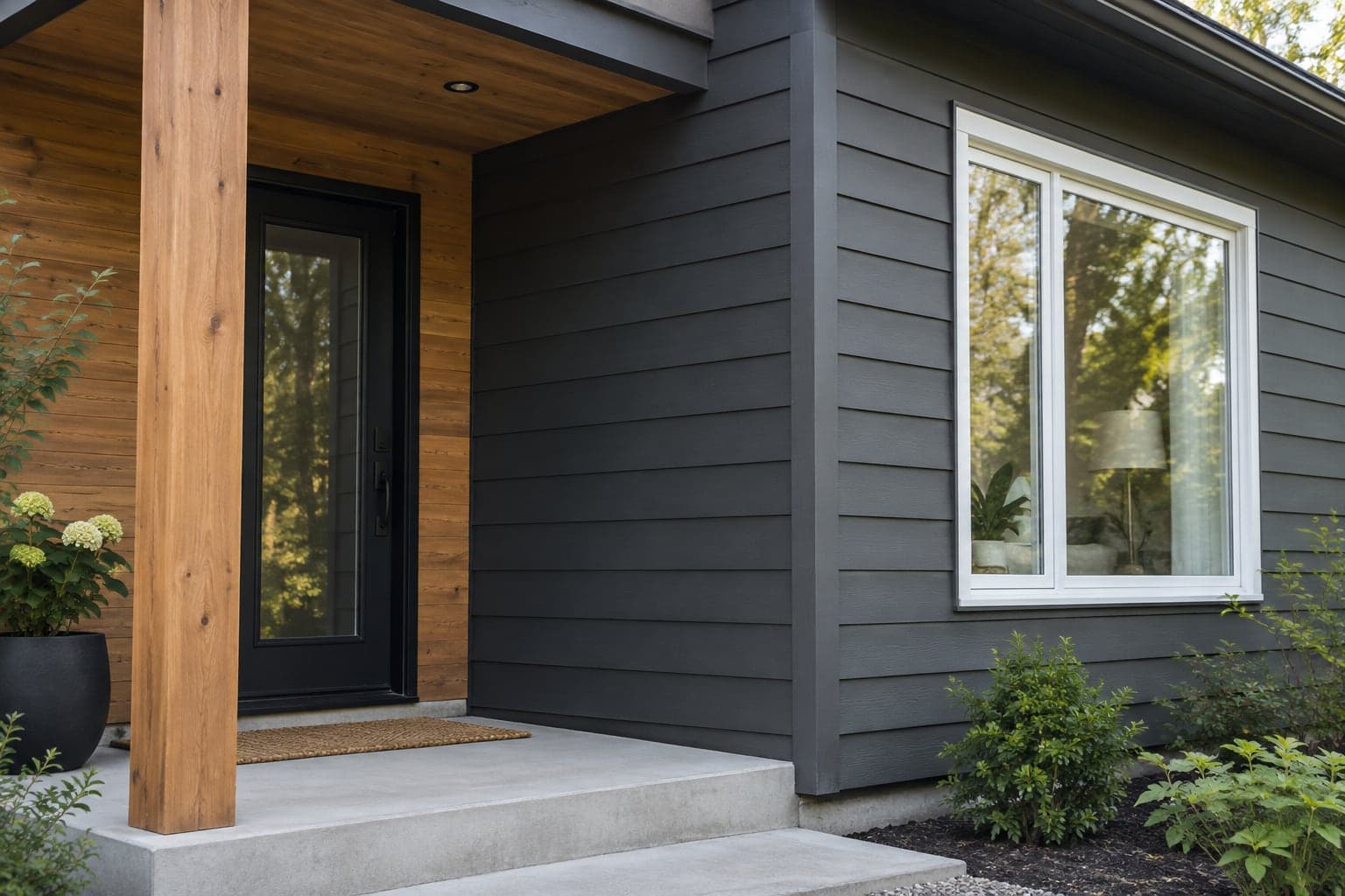 Grey siding and timber cladding around a window and entrance